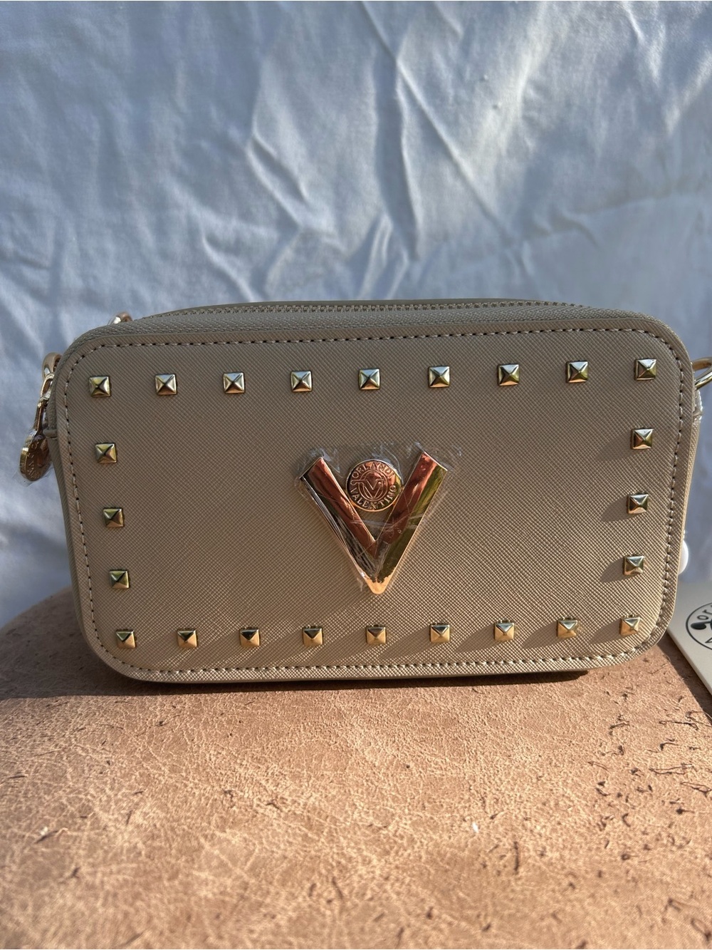 Badgley Mischka Taupe Crossbody with Gold V-Accent and Studs